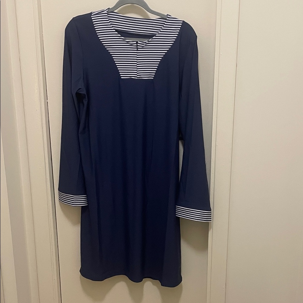 Navy Blue Long Sleeve Dress with Striped Accents